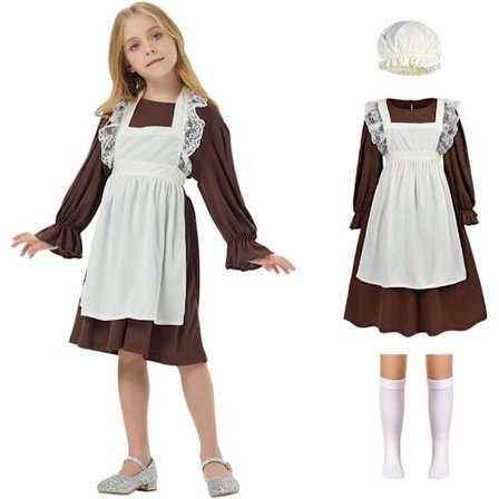 Victorian Maid-kostyme for jenter, viktoriansk landsby middelalderkjole med moppehette og hvite strømper, viktoriansk fattig jentekostyme for barn
