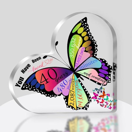 40-årsdagspresenter för kvinnor, Grattis på 40-årsdagen/jubileumsdekorationer, Dekorativ akrylskylt Hjärtminne Fjäril Skrivbordsdekor