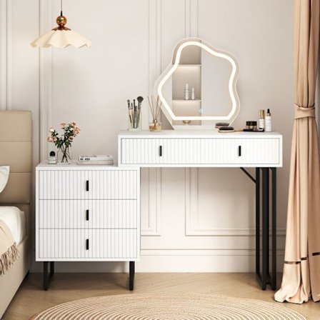 Coiffeuse med LED-spejl COSTWAY, 3 belysningsmuligheder, 5 skuffer, sidebord, rillet finish, metalben