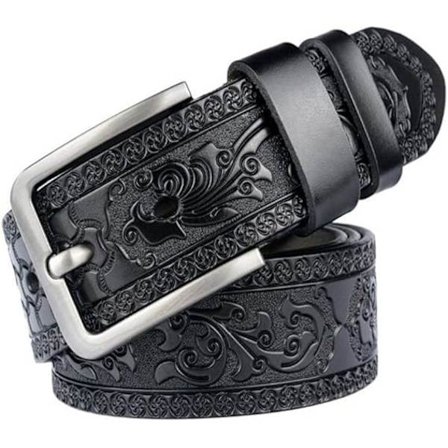 Lærbelte med spenne, blomstermønster, for menn, svart