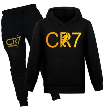 CR7 Ronaldo Barn Gutt Casual Treningsoverall Fotball Hoodie Treningsbukser Pullover Outfit Svart Svart 130cm