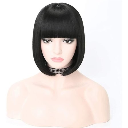 Kort svart parykk med pannelugg for kvinner, naturlig utseende, rett, fest