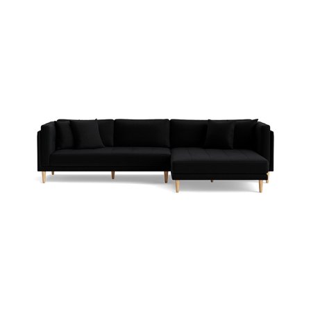 Cali Chaiselong Sofa, Højrevendt - Riviera Sort - 295x170x76cm - Minimalistisk Design m/ Dobbelt Chaiselong & Bøgetræsben + 4 Pyntepuder