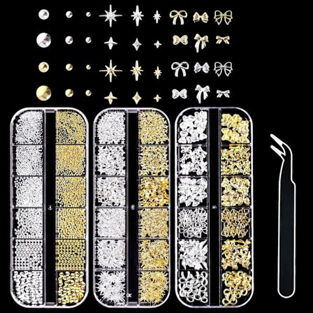 3D Neglecharms, 3 Æsker Guld Sølv Neglekunst Tilbehør Neglesten Rhinestones Charms, Blandede Stilarter Rosetter Stjerner, TH