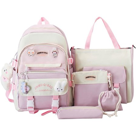 5-delt Kawaii rygsæk til skolen - Inkluderer dagsrygsæk, penalhus og taske til daglig brug