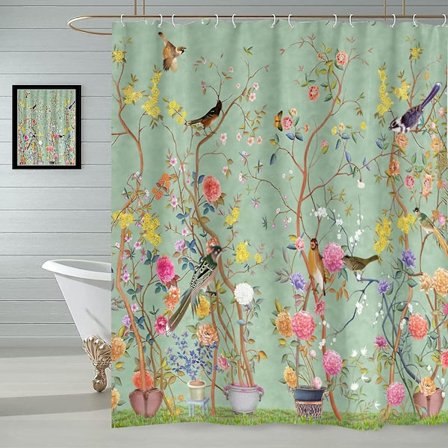 Duschdraperi, fjärilfågelblomma vattentät badrumsdraperi, mögelbeständig våtrum duschdraperi, tvättbar badkarsdraperi med 12 krokar