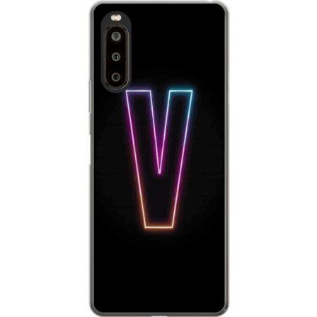 Yhteensopiva Puhelinkuori Sony Sony Xperia 10 II Neonkirjain V värikoodattu valossa mustaa taustaa vasten, minimalistinen muotoilu selkeällä hehkul