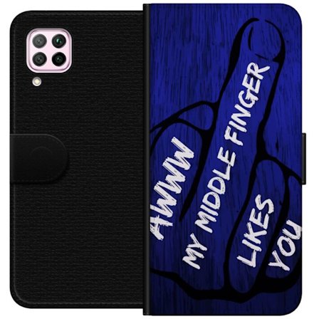 Kompatibelt Lommeboketui til Huawei P40 lite Mørk typografisk illustrasjon med hjerteform og budskap om vennskap mot dyp blå tretekstur