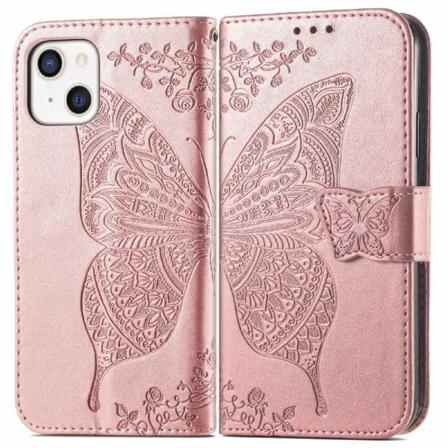 Iphone 13 - Butterfly Print Läder Fodral - Roséguld