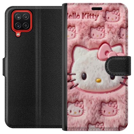 Kompatibelt Lommeboketui til Samsung Galaxy A12 Hello Kitty rosa fluffy bakgrunn med ikoniskt ansikt og kawaii-estetikk