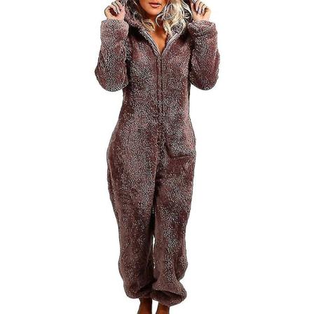 Dame Vinter Fluffy Fleece Hette Alt-i-ett Jumpsuit CMK Coffee S