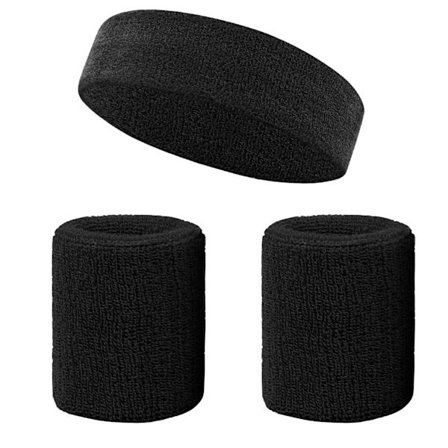 Sportshodebånd og armbåndsett, frottéstoff i bomull, egnet for sport og fitness (3-delt sett) Svart