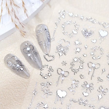 Sløyfe Negleklistremerke for Neglekunst Selvklebende Sølv Hjerte Stjerne Sløyfe Negleklistremerker Design Hjerte Kjærlighet Sløyfer Daglig DIY 