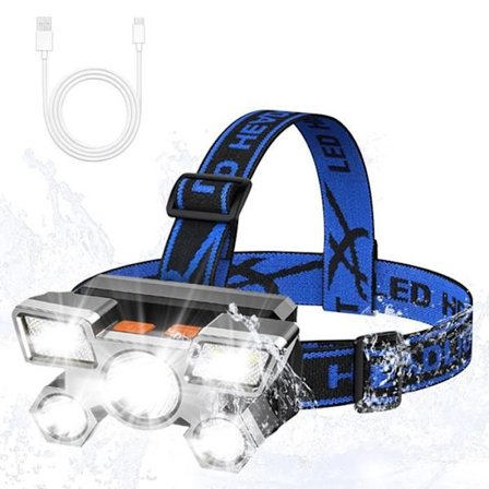 Pandelampe, Superstærk 5 LED-pandelampe 9900 Lumen, 4 tilstande, USB-genopladelig Vandtæt Justerbar til Camping, Fiskeri, etc.