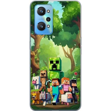 Kompatibel Mobilcover til Realme GT Neo2 Klodset pixeleret spilverden med grønne figurer og dyr i frodig skovmiljø