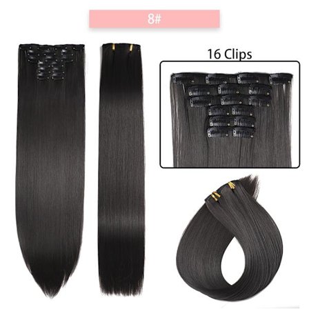 24 tum 16 clips i syntetiskt hårförlängning Lång rak frisyr Syntetbrun Svart hårstrån Värmebeständigt löshår