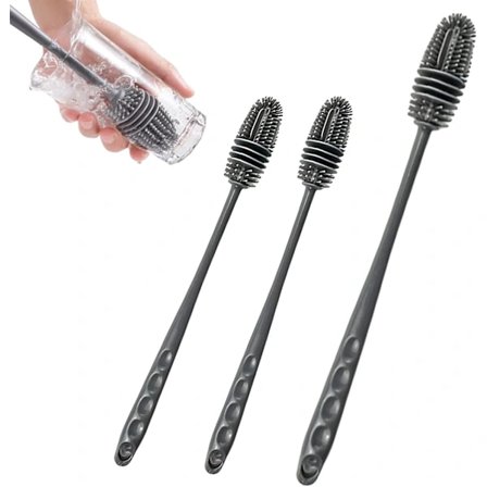 Sæt med 3 silikonebørster - Med langt håndtag - 32 cm og 26 cm - Til rengøring af flasker, glas - Grå