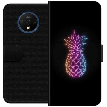 Kompatibelt Plånboksfodral till OnePlus OnePlus 7T Neonillustration av ananas i färgglatt ljus mot svart bakgrund