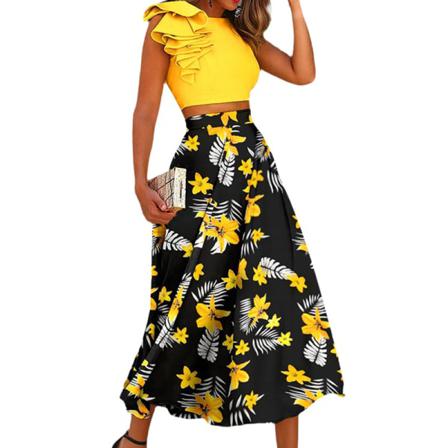 Kvinnor High Waist Outfits Ruffle Cropped Tops Midi-kjol