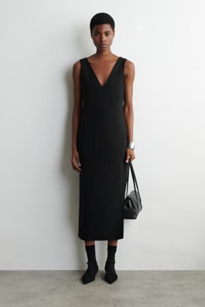 COS Women's V Neck Wrapped Midi Dress in Black