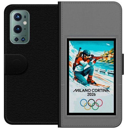 Yhteensopiva Lompakkokotelo OnePlus 9 Pro Retrojuliste Cortina Milano 2026 vuorilla, talviurheilijoilla, italiankoloreilla, Milanon tuomiokirkolla ja