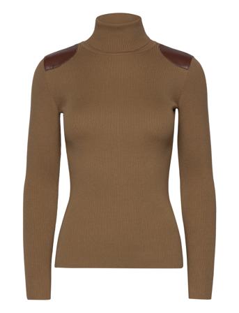 Faux-Leather-Trim Ribbed Turtleneck Tops Knitwear Turtleneck Brown Lauren Ralph Lauren