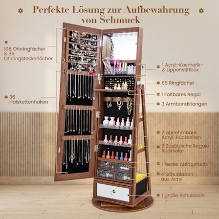 Smykkeskab 360° drejeligt spejlskab med fuldlængde spejl 140 x 37 cm brun