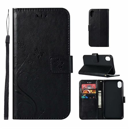 Fodral för iPhone SE 4 svart Plånbok med korthållare Flip Fjäril 3D-präglad
