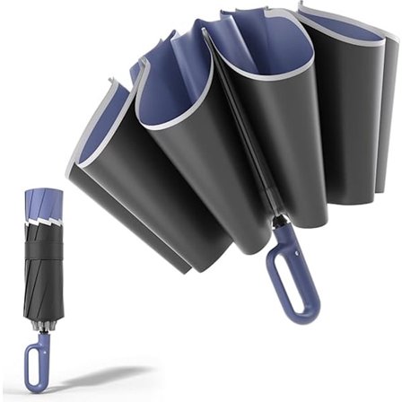 Vind- og sne paraply, rejseparaply, let at folde, med karabinhage, stærkt greb, regn-/sne-/UV-bestandig, 10 ribber, diset blå