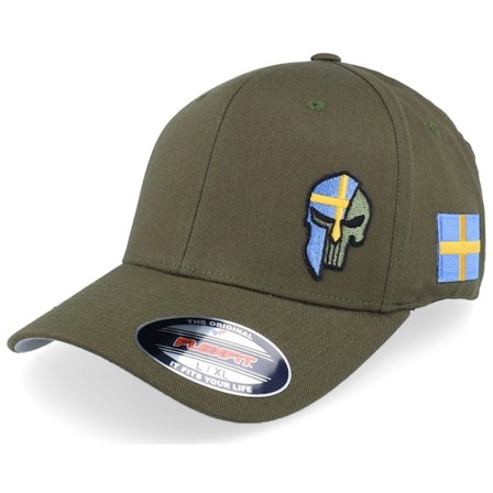 Army Head - Grønn flexfit Caps - Sverige Sweden Color Army Skull Olive Flexfit @ Hatstore