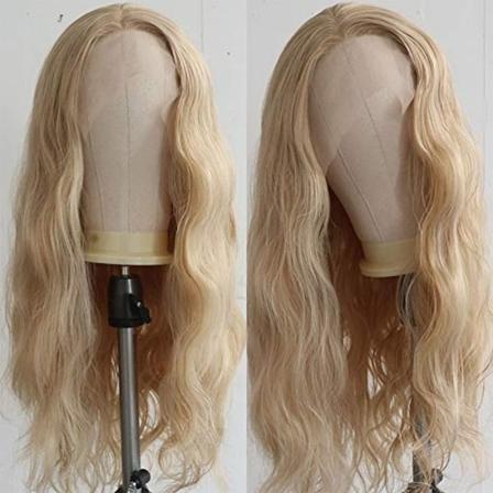 Lang naturlig krøllet, limløs blonder foran parykk Gloden Blond Syntheti- Perfet