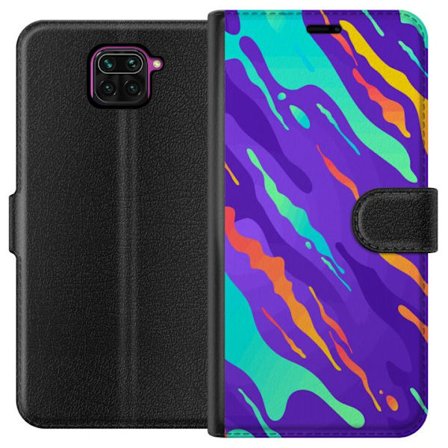 Yhteensopiva Lompakkokotelo Xiaomi Redmi Note 9 Värikkääs abstrakti kuviointi, jossa nestemäisiä muotoja lila, turkoosi, keltainen ja oranssi.
