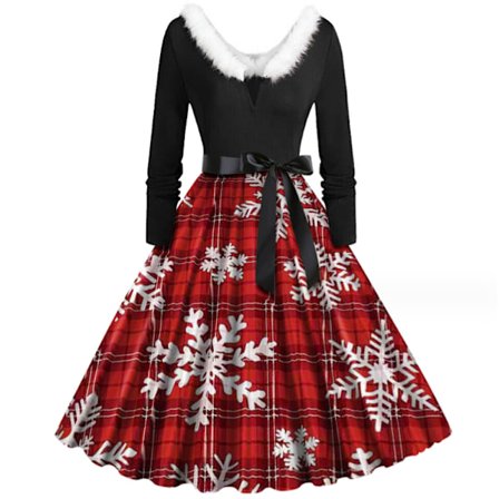 Julekjole til kvinder med V-udskæring Vintage Print Lang Style1