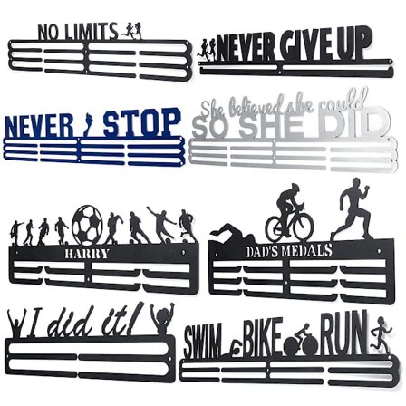 "Never Stop & I Did it" Runner Inspirerende Løb og Svømning Vægmonteret Medaljeophæng Display Holder med Vægmonteringssæt og Skruer - Sort
