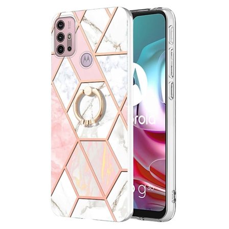 Marble Patterned Suojakuori With Ring Holder For Motorola Moto G30 - Pinkki / Valkoinen