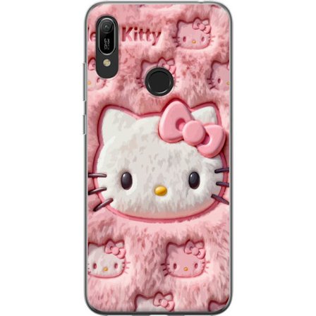 Kompatibelt Mobildeksel til Huawei Y6 (2019) Hello Kitty rosa fluffy bakgrunn med ikoniskt ansikt og kawaii-estetikk