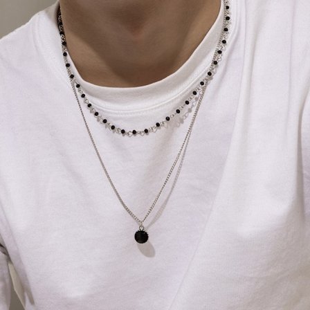 Enkelt dubbelskiktat pärlhalsband Man Black Rhinestone Penda
