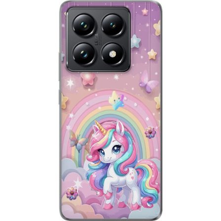 Kompatibel Mobilcover til Xiaomi 14T Pro Magisk enhjørning med regnbue manke, stjerner og sommerfugle mod en pastelfarvet himmel med skyer