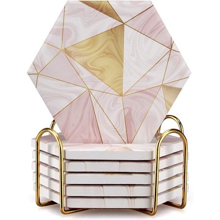 6 stk. lyserøde marmor-underlag med holder i guld - absorberende drikkeunderlag