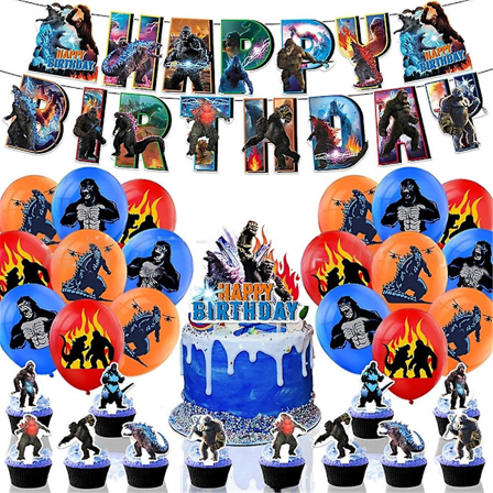 Godzilla vs Kong Tema Fødselsdagsfest Tilbehør Dekorationssæt Inkluderer Banner Kage Cupcake Topper Balloner Sæt