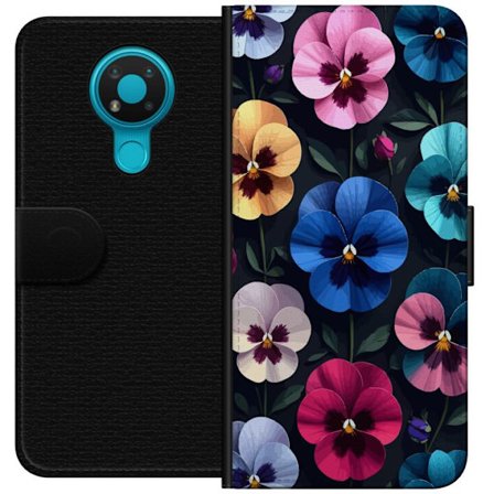 Kompatibelt Lommeboketui til Nokia 3.4 Dekorativt blomstermønster med fargerike pensélignende blomster og mørk elegant bakgrunn