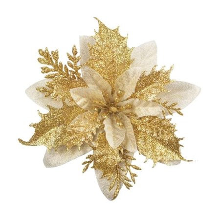 12 stk. Glitter Juleblomster (15 cm) med 12 stk. Kunstige Julestjerner til Juletræ (Guld)