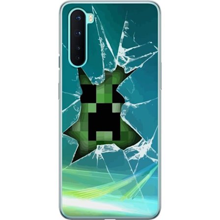 Kompatibelt Mobilskal till OnePlus OnePlus Nord Minecraft Creeper genom krossat glas med dramatisk explosionseffekt där ikoniska Creeper bryter igeno