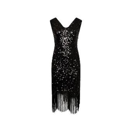 1920-luvun Charleston-mekko V-kaula-aukko Paljetein koristeltu mekko Jylhät 20-luku Gatsby Hapsumekko (XL Musta)
