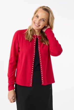 SIGNATURE - Langærmet Cardigan - Rød - Perle Detalje