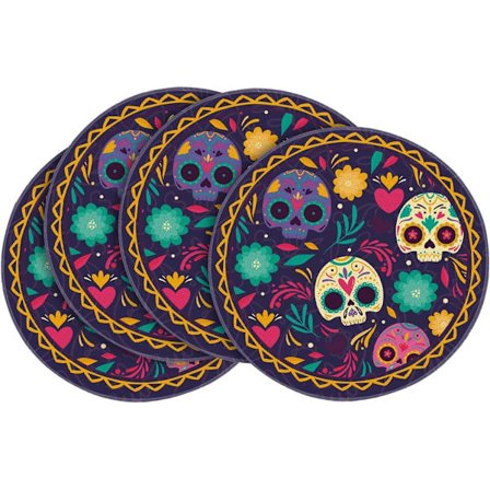 /EA/Skallar Blomstrete Día de Muertos Halloween Runde Briketter Sett med 4, 15 Tommer Høst Runde Bordbriketter for Spiseborddekorasjon