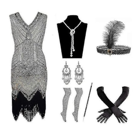 7 osaa Great Gatsby -pukusetti 1920-luvun vintage-tyylinen Charleston-mekko helmikoristeilla ja paljeteilla, tupsumekko karnevaalijuhliin