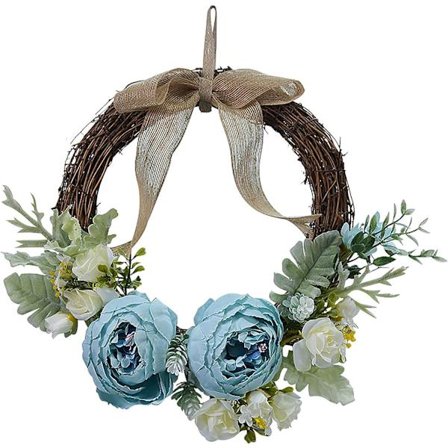 Blå dörrkrans 10" blekningsbeständig konstgjord pion vår sommar dekorativ hängande krans för ytterdörr, vägg eller fönster