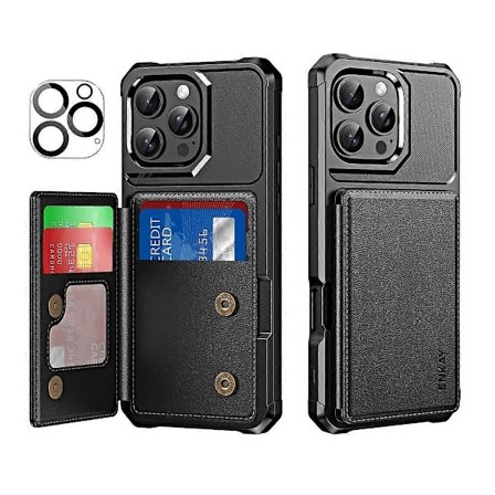 Til iPhone 16 Pro Wallet Kort Slot Holder PU Læder + Bagside Telefon Cover med Kamera Linse Film (Sort)
