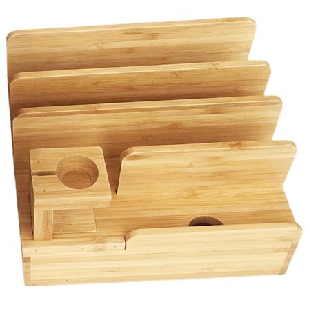 Bambus Ladestasjon for Flere Enheter, Multi-Enhets Lading Tre Ladestasjon Organizer med USB-Lader og Ladekabel, Premium